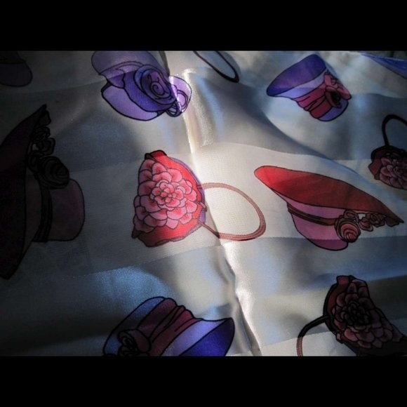 Fashionable Pink & Purple Hats & Purses White Background Silky Polyester Scarf - Picture 6 of 6